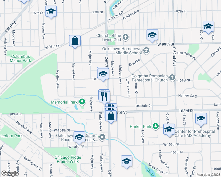 map of restaurants, bars, coffee shops, grocery stores, and more near 10133 Maple Avenue in Oak Lawn