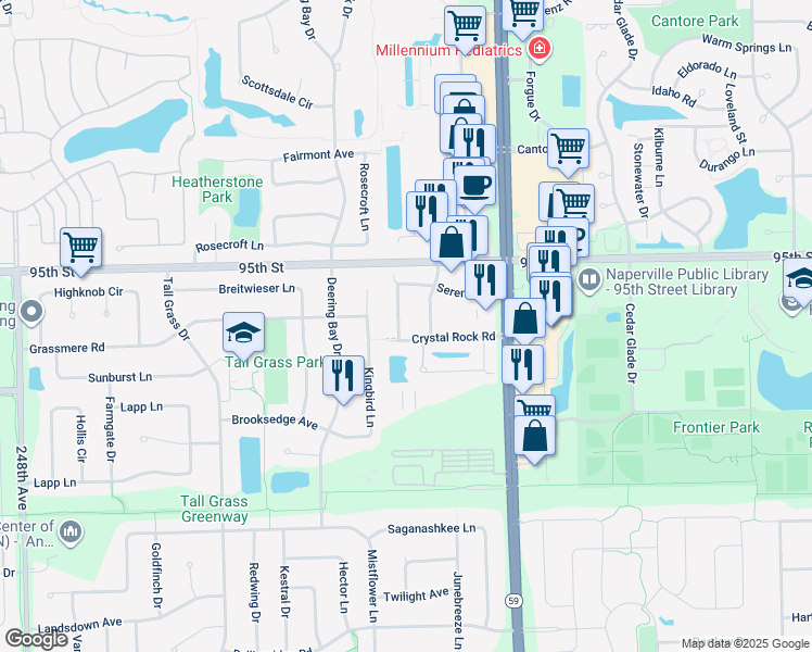 map of restaurants, bars, coffee shops, grocery stores, and more near 3093 Serenity Lane in Naperville