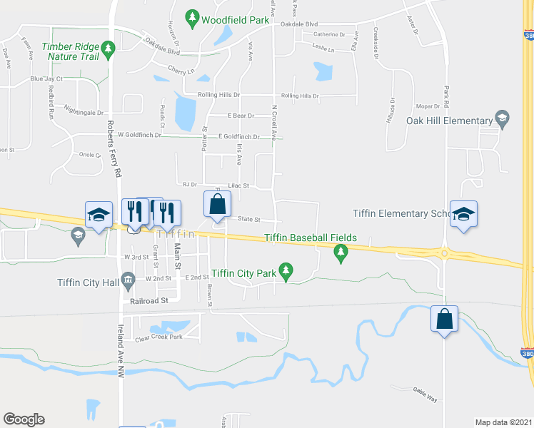 map of restaurants, bars, coffee shops, grocery stores, and more near 590 State Street in Tiffin