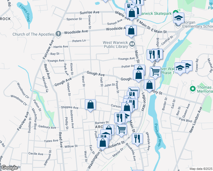 map of restaurants, bars, coffee shops, grocery stores, and more near 12 John St in West Warwick
