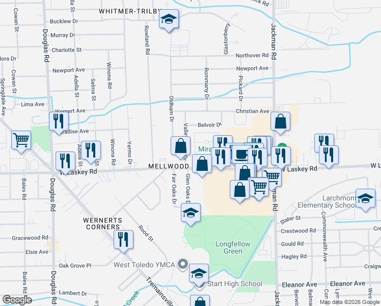 map of restaurants, bars, coffee shops, grocery stores, and more near 1954 W Laskey Rd in Toledo