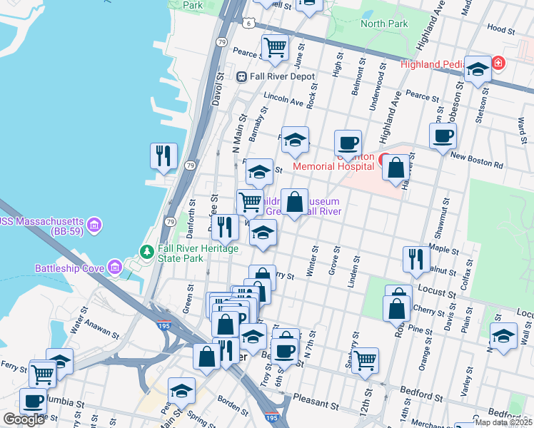 map of restaurants, bars, coffee shops, grocery stores, and more near 450 Rock Street in Fall River