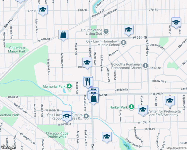 map of restaurants, bars, coffee shops, grocery stores, and more near 10133 Maple Avenue in Oak Lawn