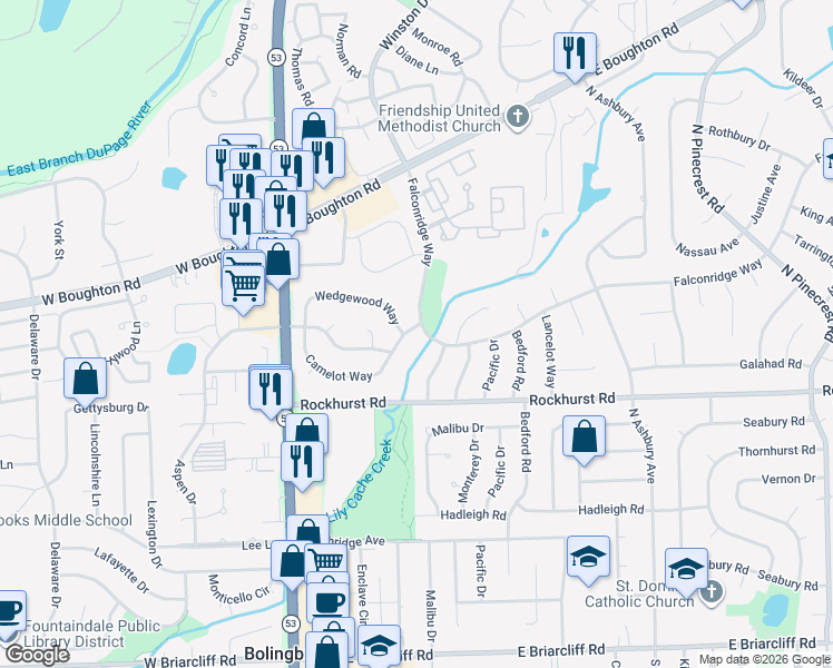 map of restaurants, bars, coffee shops, grocery stores, and more near 213 Falconridge Way in Bolingbrook