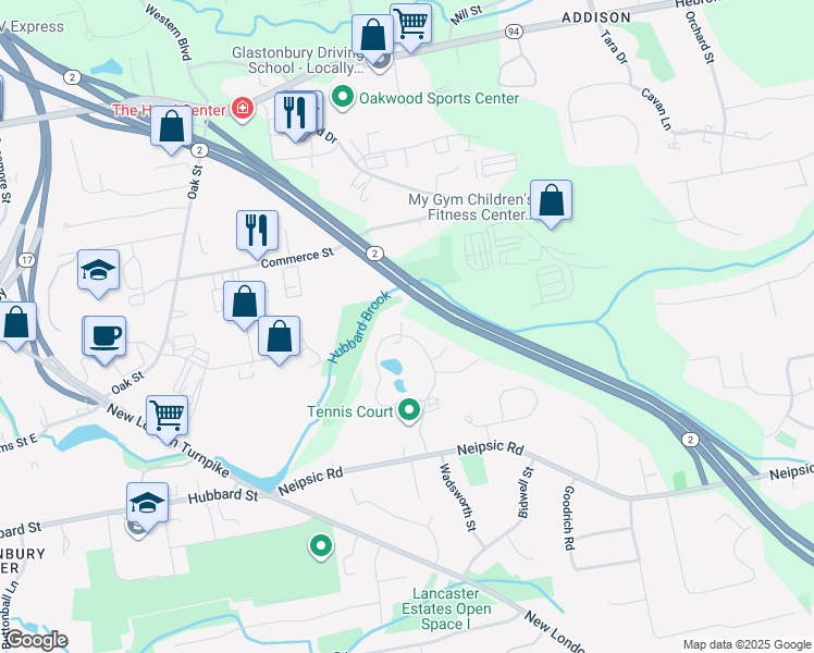 map of restaurants, bars, coffee shops, grocery stores, and more near 256 Georgetown Drive in Glastonbury