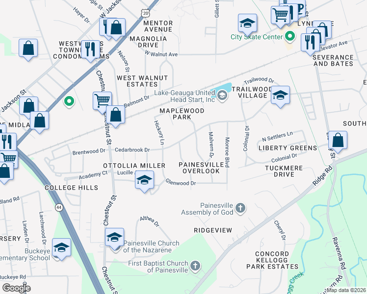map of restaurants, bars, coffee shops, grocery stores, and more near 417 Hawkins Drive in Painesville