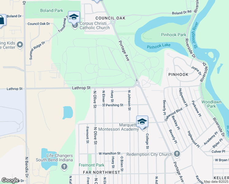 map of restaurants, bars, coffee shops, grocery stores, and more near 2262 Huey Street in South Bend