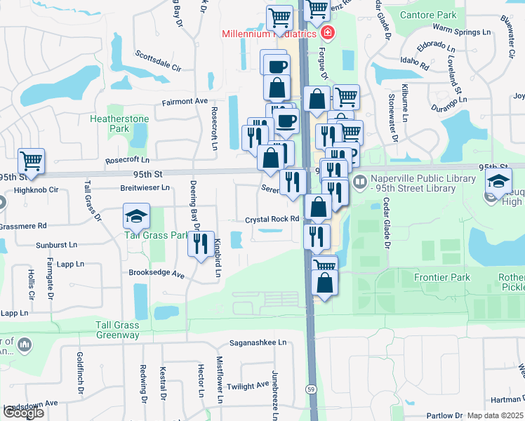 map of restaurants, bars, coffee shops, grocery stores, and more near 3132 Reflection Drive in Naperville