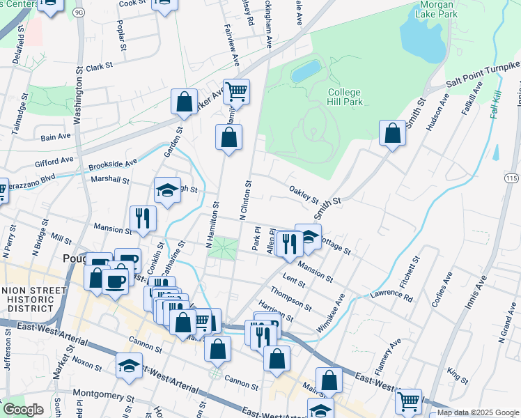 map of restaurants, bars, coffee shops, grocery stores, and more near 36 Cottage Street in Poughkeepsie