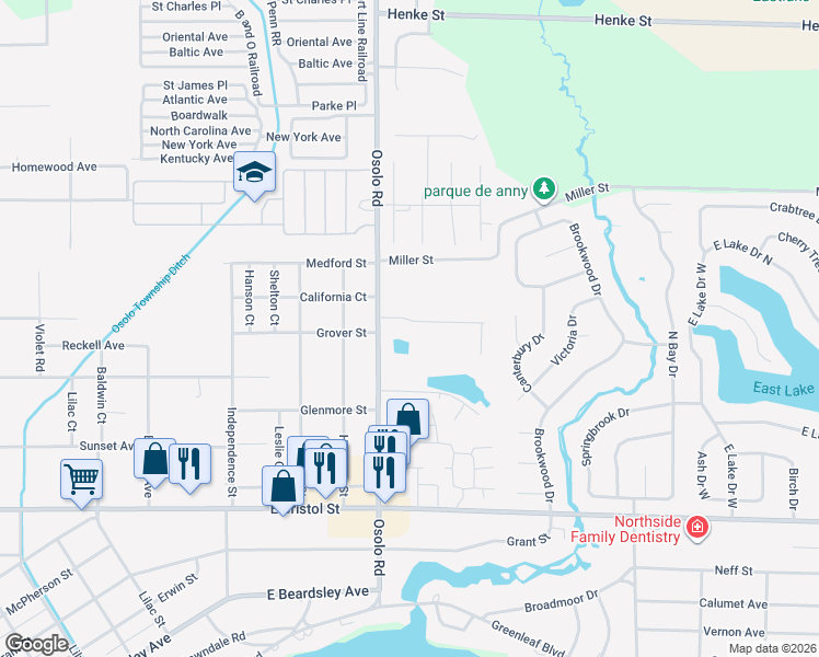 map of restaurants, bars, coffee shops, grocery stores, and more near 2007 Autumn Ridge Lane in Elkhart