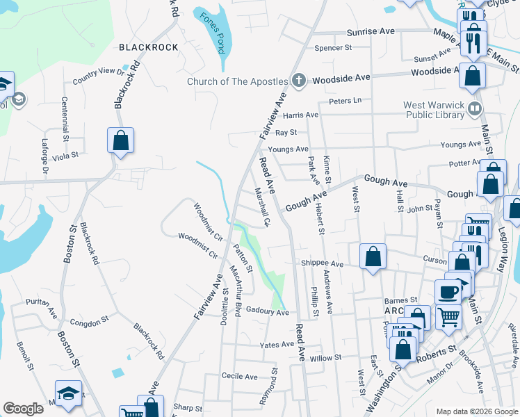 map of restaurants, bars, coffee shops, grocery stores, and more near 49 Marshall Circle in Coventry