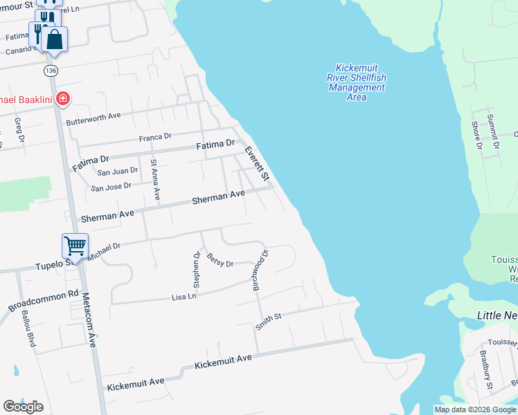 map of restaurants, bars, coffee shops, grocery stores, and more near 2 Anawan Avenue in Bristol