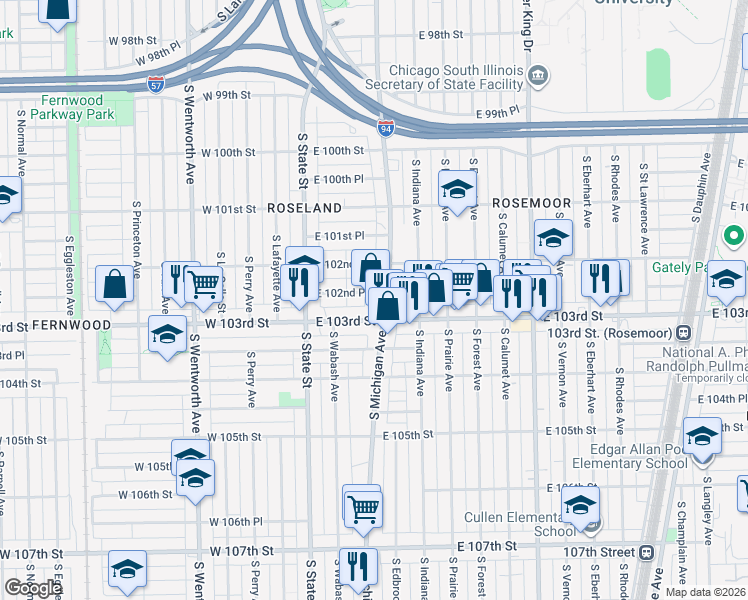 map of restaurants, bars, coffee shops, grocery stores, and more near 72 East 103rd Street in Chicago