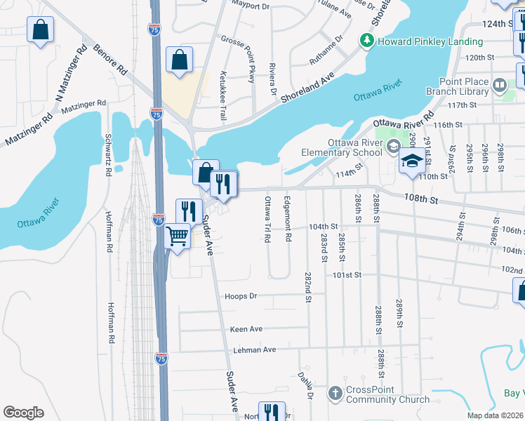 map of restaurants, bars, coffee shops, grocery stores, and more near 4735 Ottawa Trail Drive in Toledo