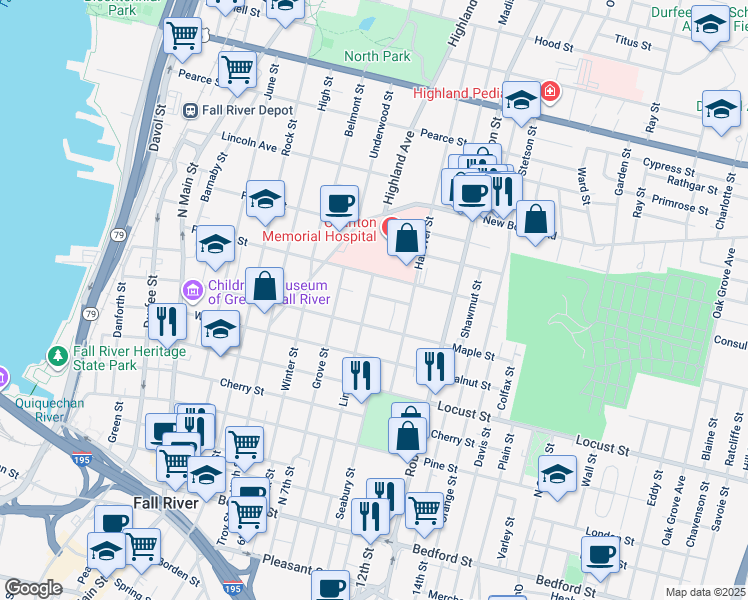 map of restaurants, bars, coffee shops, grocery stores, and more near 435 Linden Street in Fall River