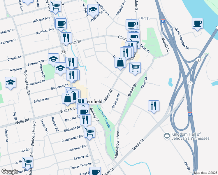 map of restaurants, bars, coffee shops, grocery stores, and more near 55 Main Street in Wethersfield