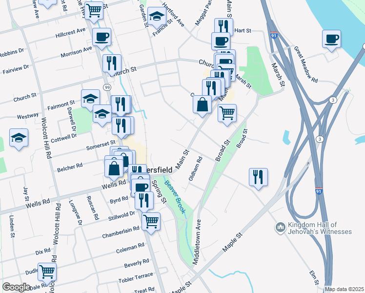 map of restaurants, bars, coffee shops, grocery stores, and more near 55 Main Street in Wethersfield