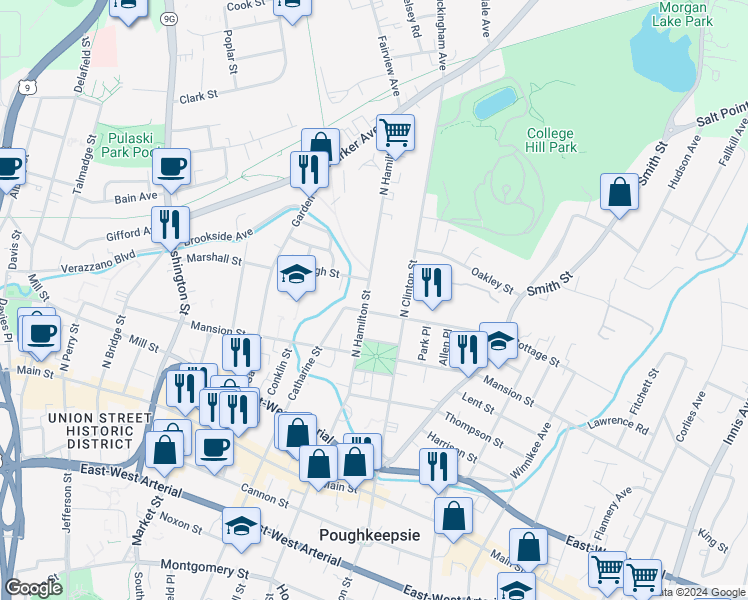 map of restaurants, bars, coffee shops, grocery stores, and more near 82 North Hamilton Street in Poughkeepsie
