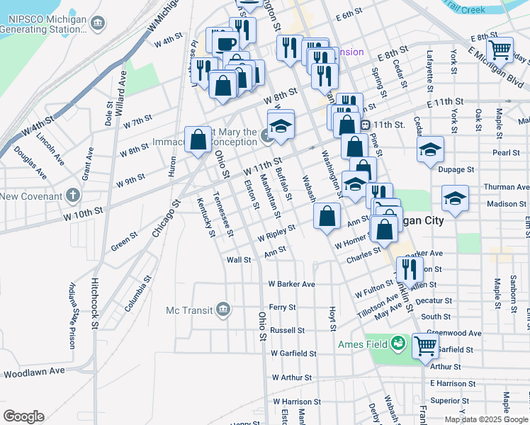 map of restaurants, bars, coffee shops, grocery stores, and more near 600-698 W William St in Michigan City