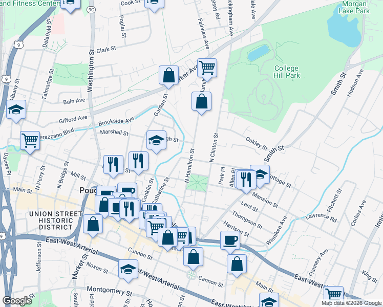 map of restaurants, bars, coffee shops, grocery stores, and more near North Hamilton Street in Poughkeepsie