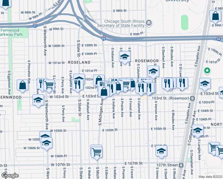 map of restaurants, bars, coffee shops, grocery stores, and more near 10240 South Indiana Avenue in Chicago