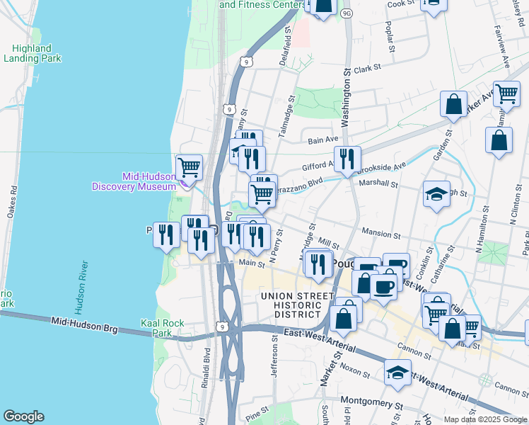 map of restaurants, bars, coffee shops, grocery stores, and more near 145 Mill Street in Poughkeepsie