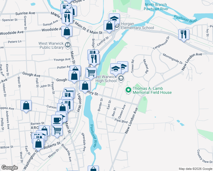 map of restaurants, bars, coffee shops, grocery stores, and more near 90 1st Street in West Warwick