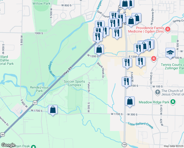 map of restaurants, bars, coffee shops, grocery stores, and more near 185 West 1250 South in Logan