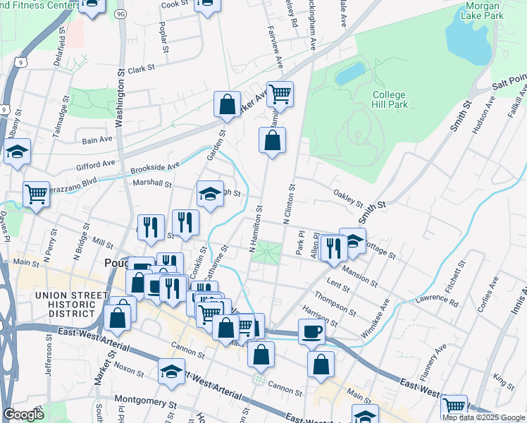 map of restaurants, bars, coffee shops, grocery stores, and more near 82 North Hamilton Street in Poughkeepsie