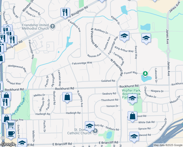 map of restaurants, bars, coffee shops, grocery stores, and more near 318 Stafford Way in Bolingbrook