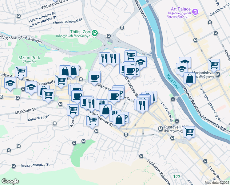 map of restaurants, bars, coffee shops, grocery stores, and more near Petre Melikishvili Street in Tbilisi