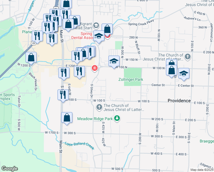 map of restaurants, bars, coffee shops, grocery stores, and more near 375 West 100 South in Providence