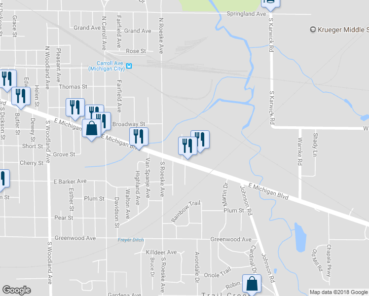 map of restaurants, bars, coffee shops, grocery stores, and more near 108 Burnside Court in Michigan City