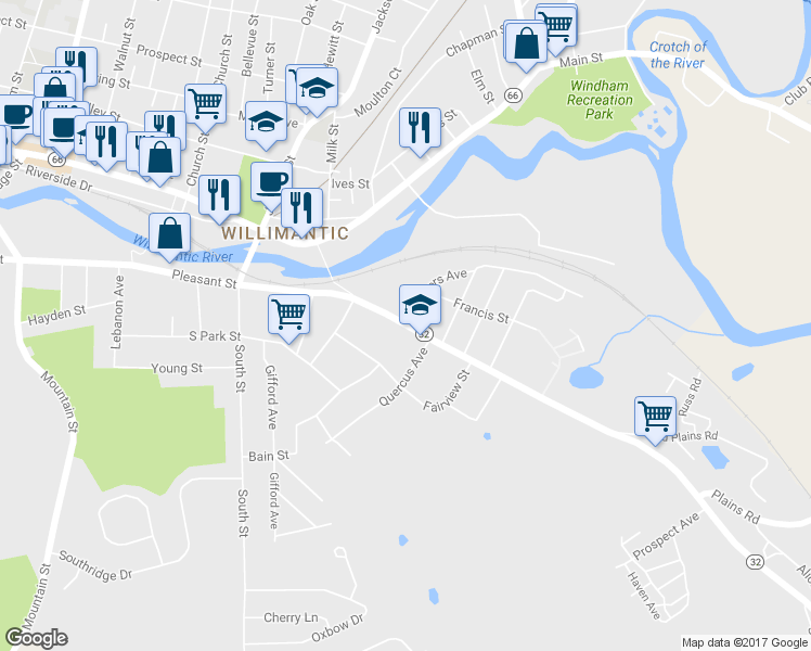 map of restaurants, bars, coffee shops, grocery stores, and more near 123 Windham Road in Windham