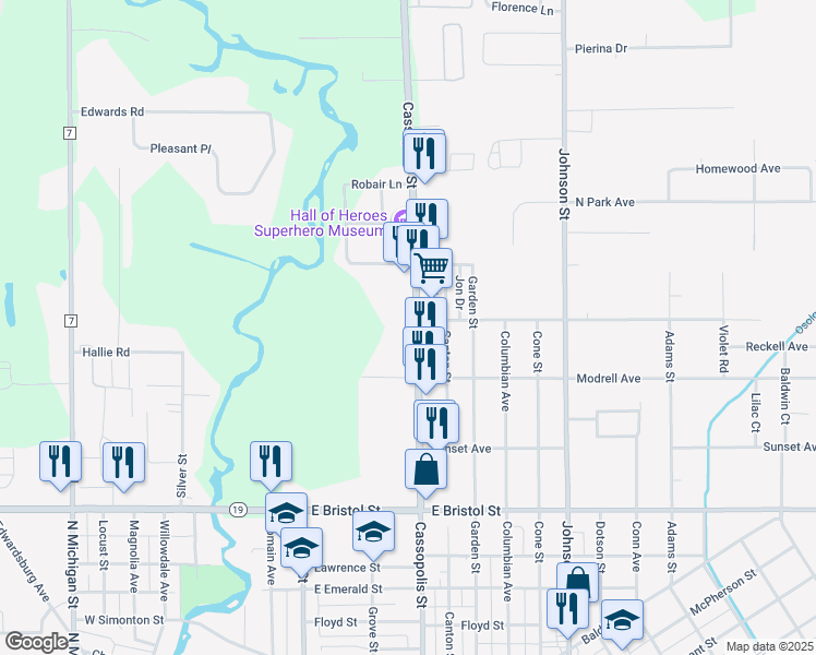 map of restaurants, bars, coffee shops, grocery stores, and more near 1731 Cassopolis Street in Elkhart