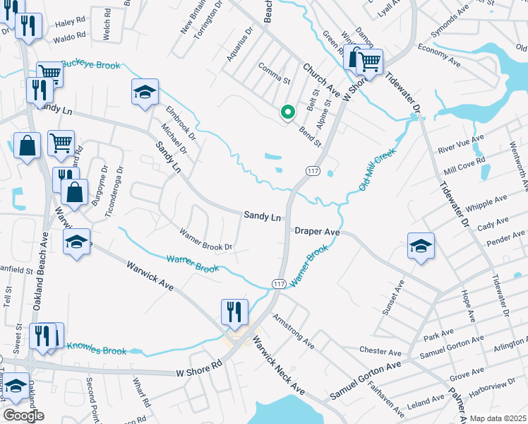 map of restaurants, bars, coffee shops, grocery stores, and more near 35 Sandy Lane in Warwick