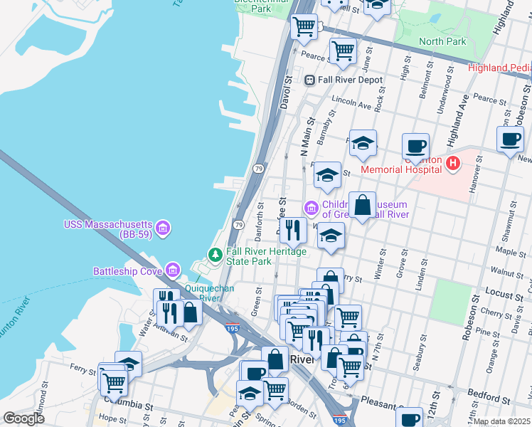 map of restaurants, bars, coffee shops, grocery stores, and more near 225 Danforth Street in Fall River