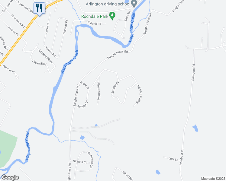 map of restaurants, bars, coffee shops, grocery stores, and more near Schyler Drive in Dutchess County