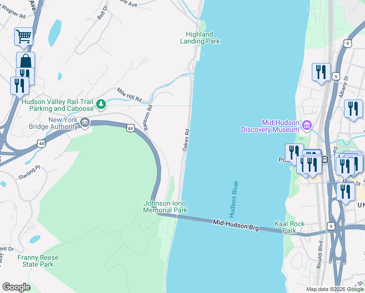 map of restaurants, bars, coffee shops, grocery stores, and more near 15 Oakes Road in Highland