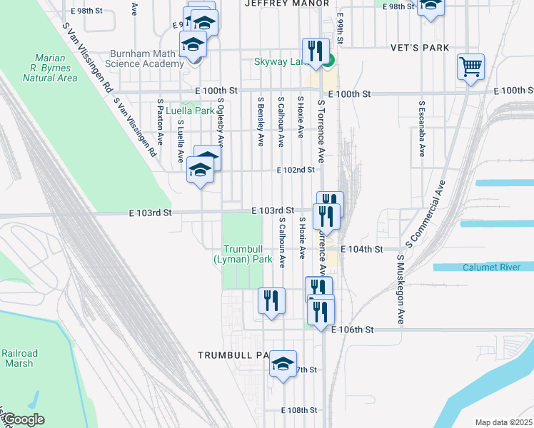 map of restaurants, bars, coffee shops, grocery stores, and more near 10301 South Bensley Avenue in Chicago