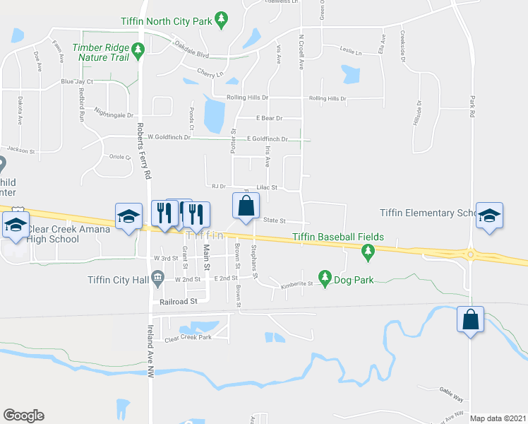map of restaurants, bars, coffee shops, grocery stores, and more near 484 State Street in Tiffin