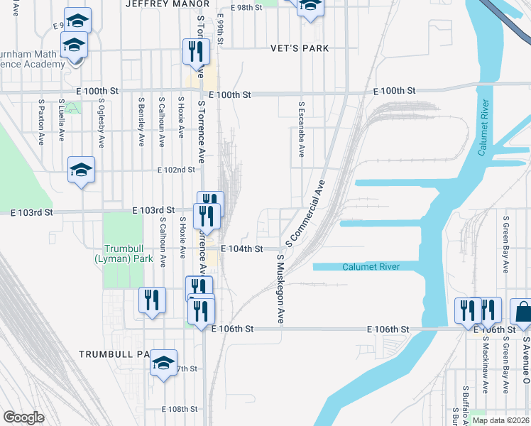 map of restaurants, bars, coffee shops, grocery stores, and more near 2729 East 103rd Street in Chicago