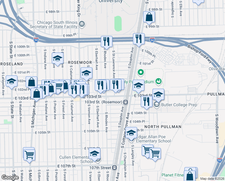 map of restaurants, bars, coffee shops, grocery stores, and more near 559 East 103rd Street in Chicago