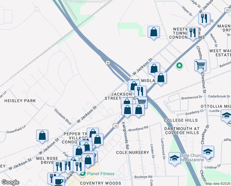 map of restaurants, bars, coffee shops, grocery stores, and more near 1277 West Jackson Street in Painesville