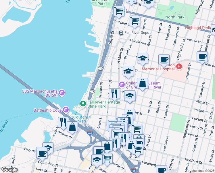 map of restaurants, bars, coffee shops, grocery stores, and more near 169 Walnut Street in Fall River