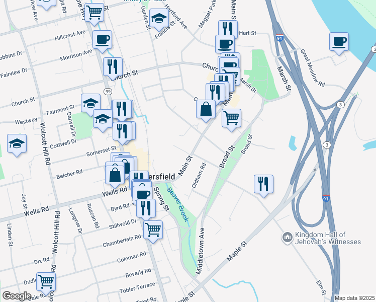 map of restaurants, bars, coffee shops, grocery stores, and more near 55 Main Street in Wethersfield