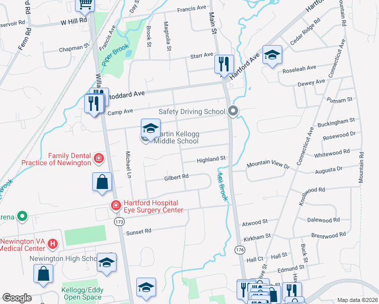 map of restaurants, bars, coffee shops, grocery stores, and more near 76 Highland Street in Newington
