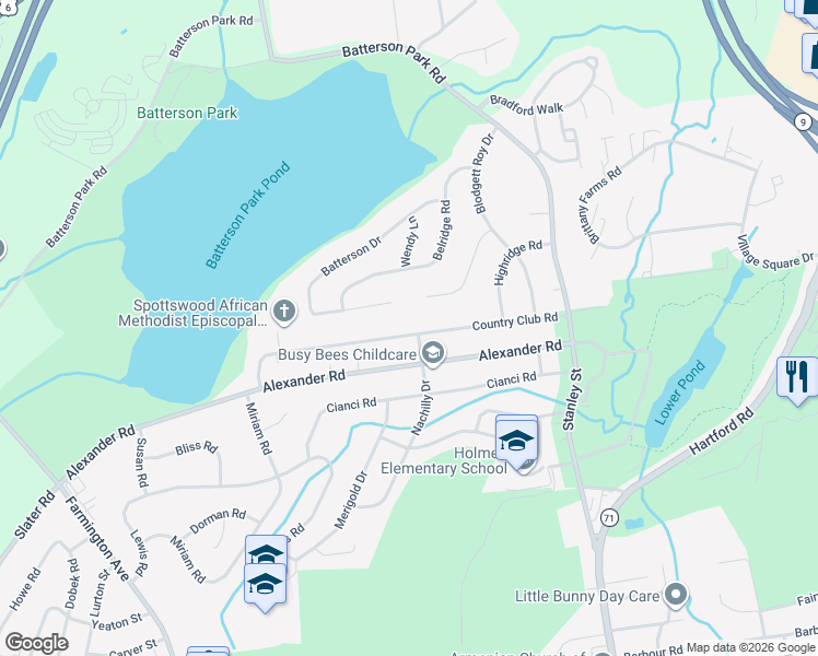 map of restaurants, bars, coffee shops, grocery stores, and more near 158 Country Club Road in New Britain