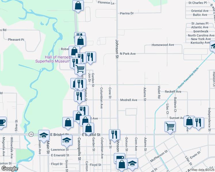 map of restaurants, bars, coffee shops, grocery stores, and more near 1726 Columbian Avenue in Elkhart