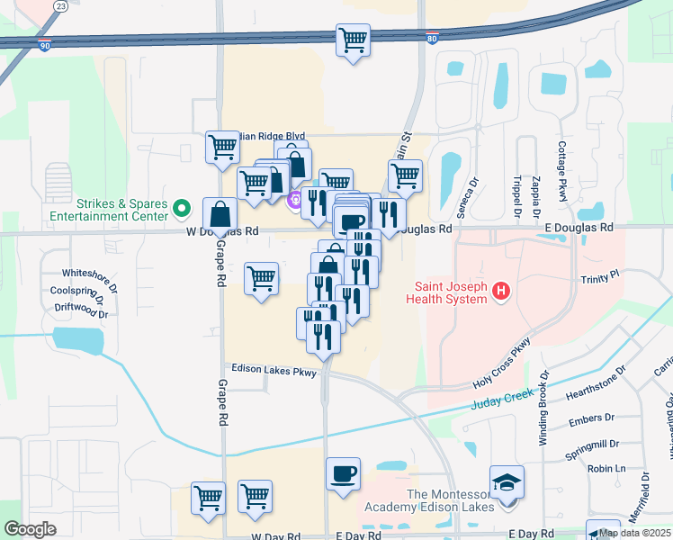 map of restaurants, bars, coffee shops, grocery stores, and more near 5225 North Main Street in Mishawaka